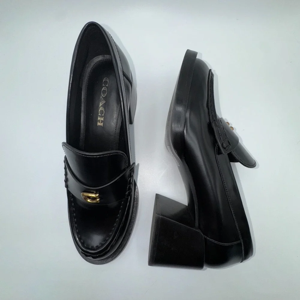 Coach Natalie‎ Womens Loafer 6 Black Leather Block Heels Chunky Sole Y2K Shoes
